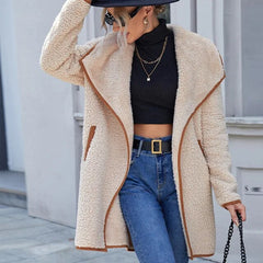 Lässiger Plüschmantel mit großem Revers Doppelseitiger Windbreaker in Beige