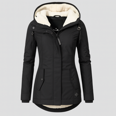 Winterjacke für Damen mit Kapuze und kuscheligem Futter – lange Ärmel in Schwarz