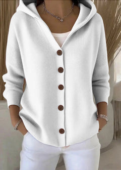 Sofia | Damen Bequem Kapuze Knopfstrickjacke in Weiß