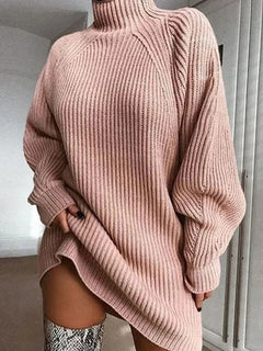 Langärmeliges Strickkleid mit Rollkragen und Übergröße in Ros