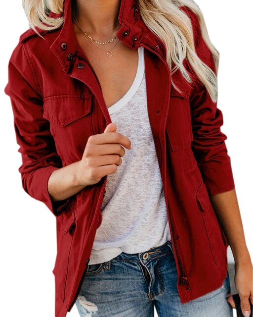 Solide Stehkragen Langarmtaschen Jacke