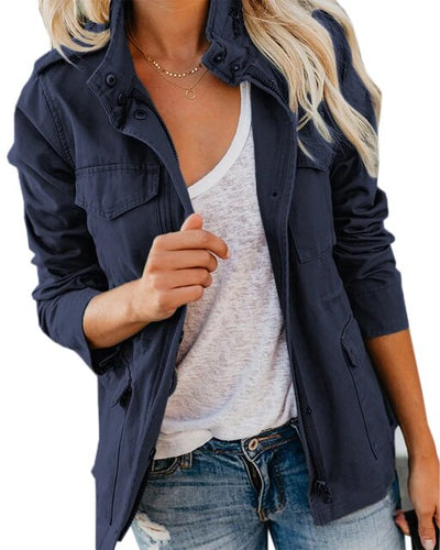 Solide Stehkragen Langarmtaschen Jacke