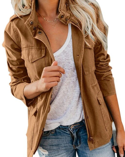 Solide Stehkragen Langarmtaschen Jacke