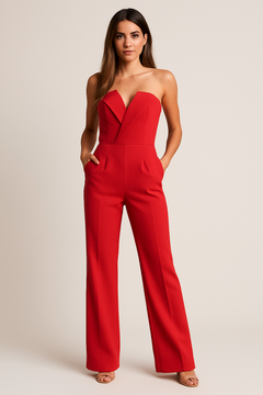 Madison | V-Ausschnitt Weites Bein Jumpsuit in Rot