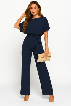 Natalie | Kurzarm Weites Bein Jumpsuit in Dunkelblau