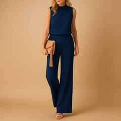 Sofia | Rundhals Weites Bein Jumpsuit in Marineblau