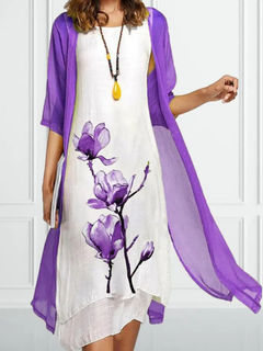 Johanna | Damen Lagenlook Ärmelloses Chiffon Cardigan Set Midikleid in Lila