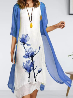 Johanna | Damen Lagenlook Ärmelloses Chiffon Cardigan Set Midikleid in Blau