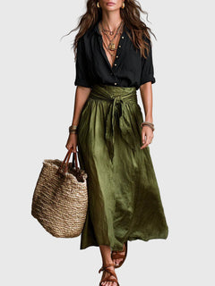 Odelia - Luxuriöses Boho-Set aus Top und Midirock in Schwarz Oliv
