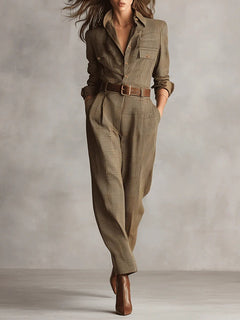 Mellura™ - Maßgeschneiderter Tweed-Jumpsuit mit Karomuster und raffinierten Details in Braun