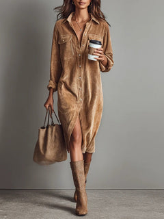 Samira | Damen Casual Knöpfen Midikleid in Khaki