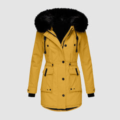 Winterjacke Damen Gefüttert Mit Kapuze | Reißverschluss Jacke Mit Taschen in Gelb