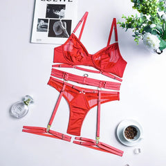 Adriana | 3-teiliges französisches Dessous-Set in Rot