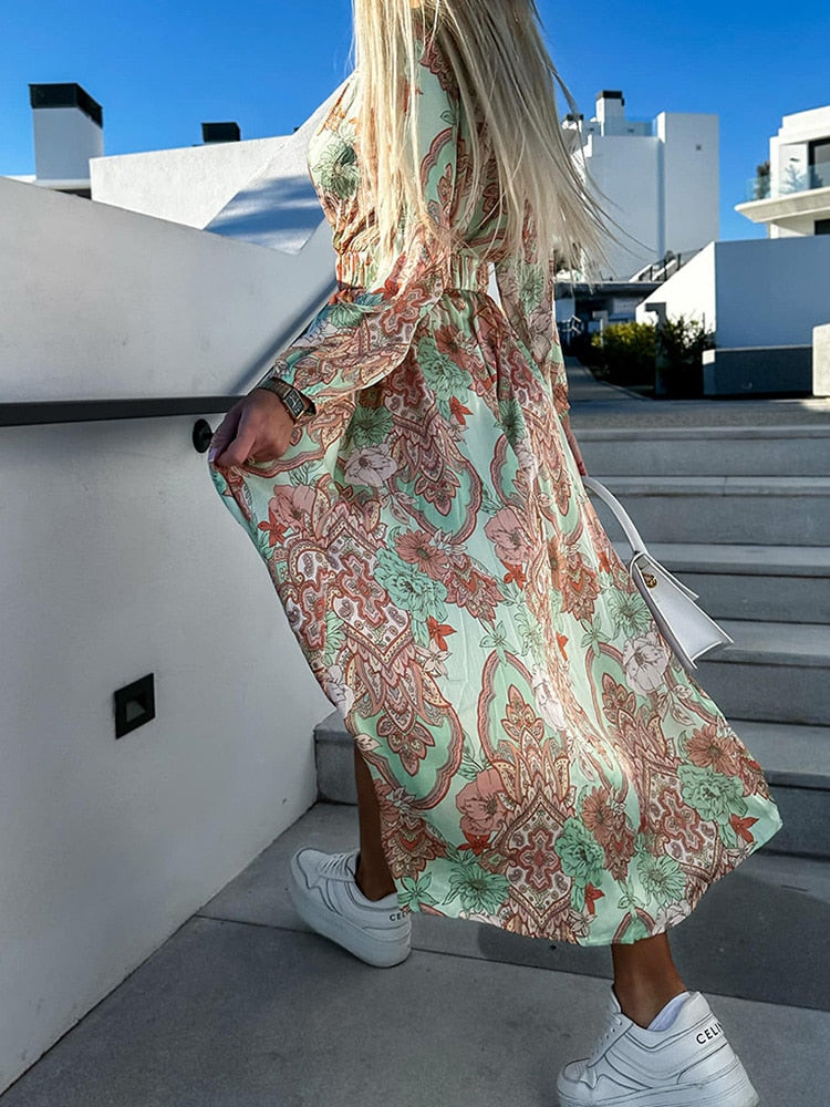 Langarm Blumenmuster Kleid mit Gürtel für Damen