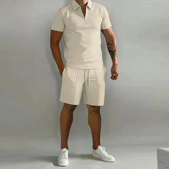 River - Luxuriöses Herren Polo- und Shorts-Sommer-Set, elegant und stilvoll in Khaki