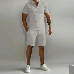 River - Luxuriöses Herren Polo- und Shorts-Sommer-Set, elegant und stilvoll in Grau