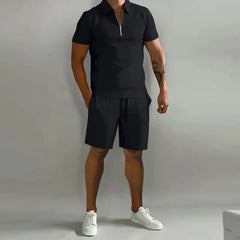 River - Luxuriöses Herren Polo- und Shorts-Sommer-Set, elegant und stilvoll in Schwarz
