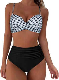 Bella | Hochtaillierter, farbenfroher Damen-Bikini in Schwarz - Weiß