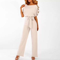 Quirina | Damen Wide Leg Jumpsuit Gürtel Kurzarm – Overall Weites Bein 2026 in Beige