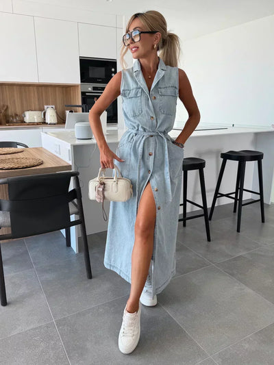 Cressida | Elegantes Fließendes Denim-Maxikleid