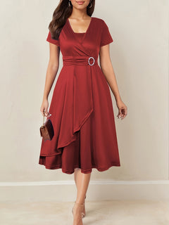 Elisa | V-Ausschnitt Midikleid mit asymmetrischem Saum in Rot