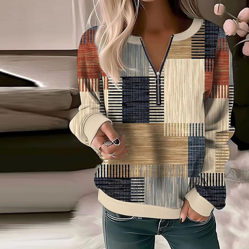 Pullover mit halbem Reißverschluss und geometrischem Farbblockmuster für Frauen