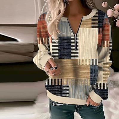 Pullover mit halbem Reißverschluss und geometrischem Farbblockmuster für Frauen