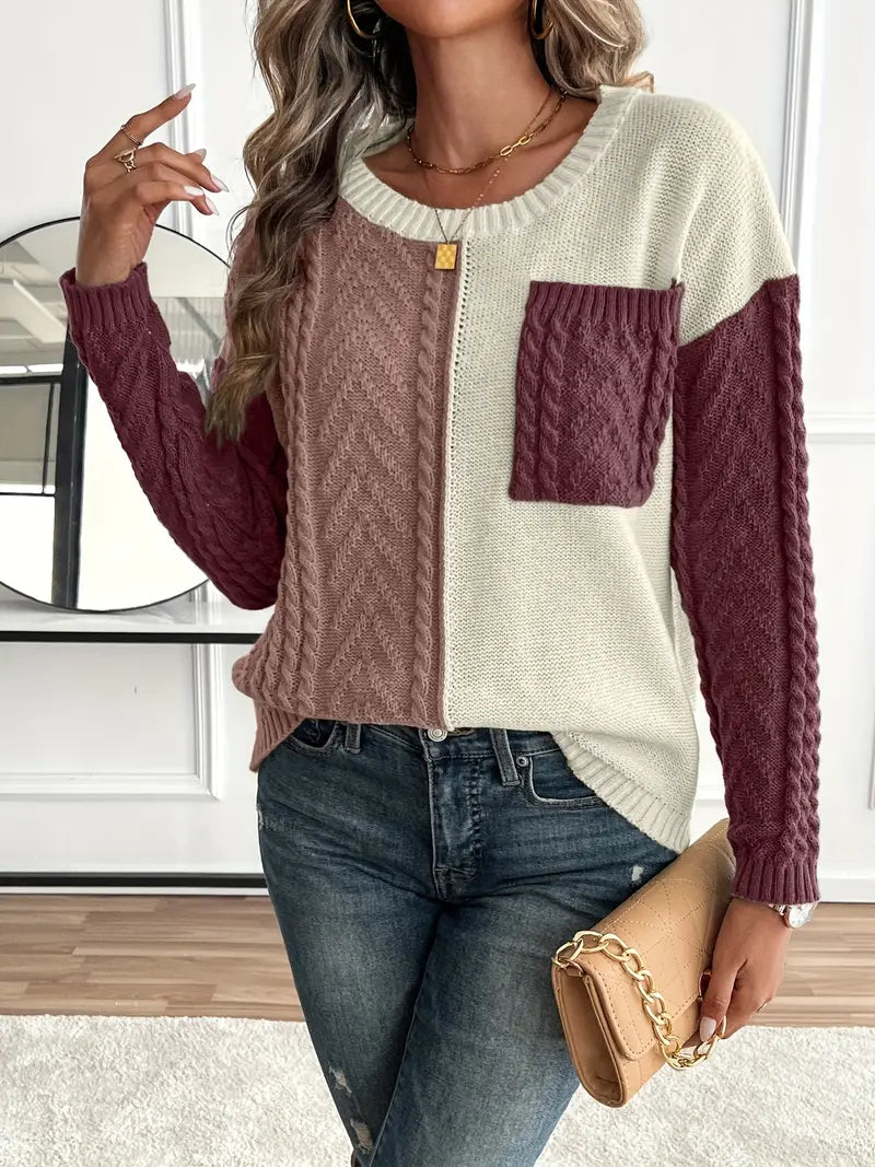 SCHICKER FARBBLOCK RUNDHALS-PULLOVER FÜR DAMEN | MODERN, VIELSEITIG, KOMFORTABEL