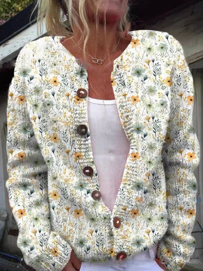 Damen Strickjacke mit Blumenmuster | Rundhalsausschnitt