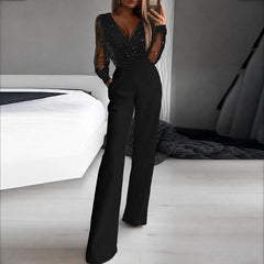 Catherina - Damen-Jumpsuit mit V-Ausschnitt und Glanzeffekt in Schwarz
