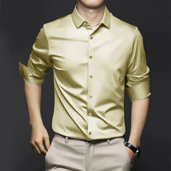 Adrian | Herren Satin Hemd Langarm Slim Fit Elegant in Khaki