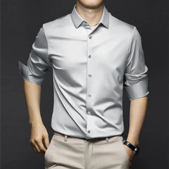 Adrian | Herren Satin Hemd Langarm Slim Fit Elegant in Hellgrau