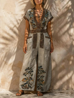 Zalira - Bestickter weit geschnittener Jumpsuit in Sand