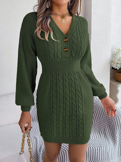 Romy | Damen Strickkleid elegant langärmlig & mit Knöpfen in Grün
