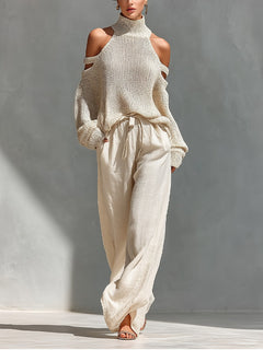 Alessia | Off-Shoulder Zweiteiler mit Weiten Hosen in Beige