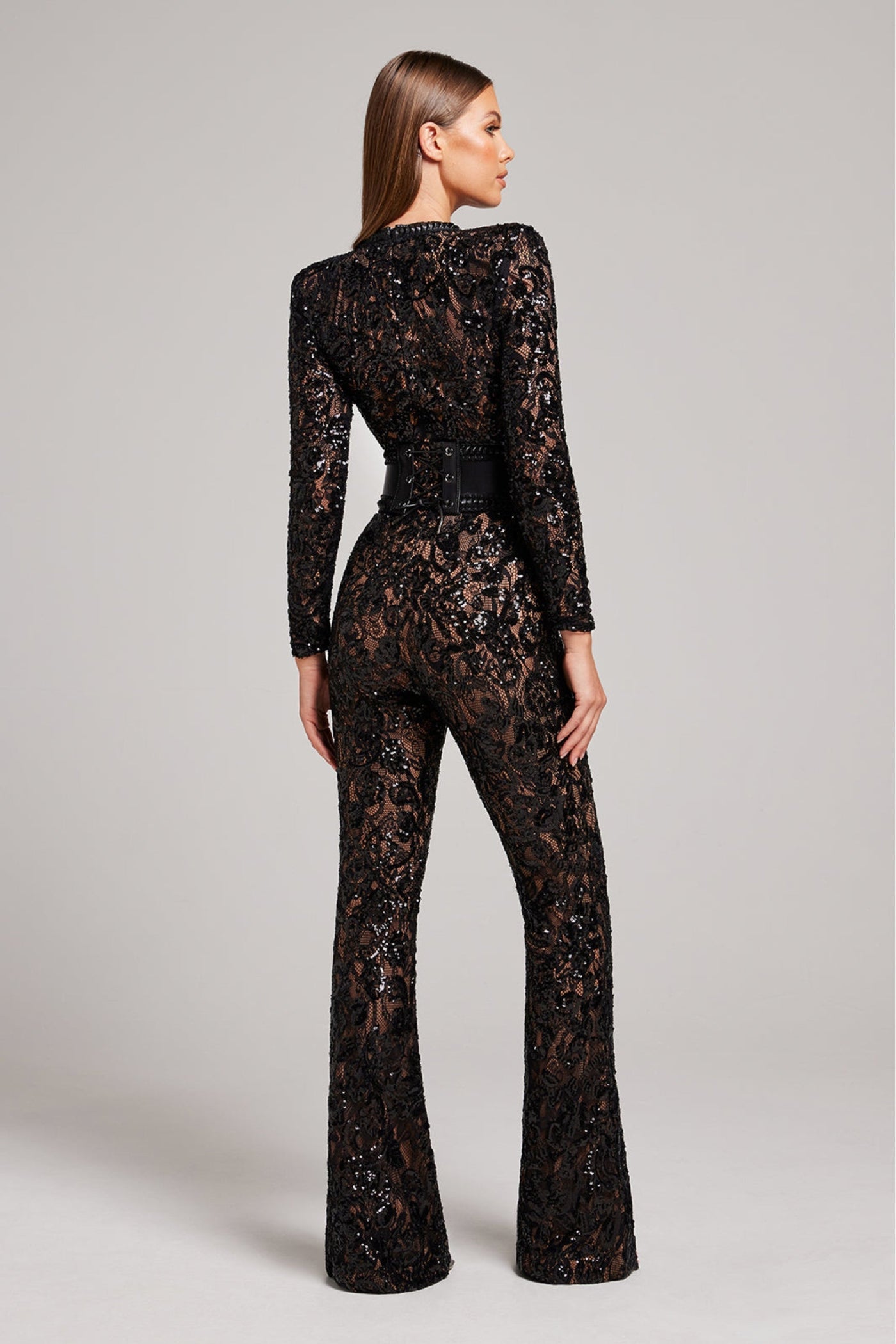 Damen-Jumpsuit mit tailliertem Schnitt und Spitzen-Details – weites Bein