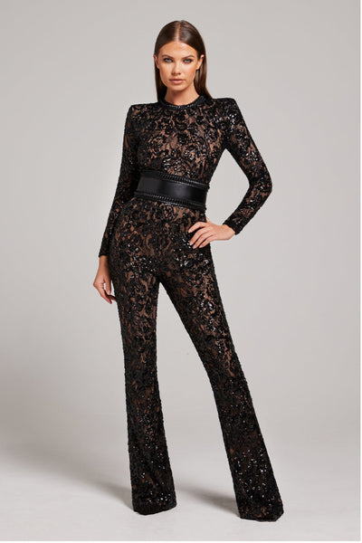 Damen-Jumpsuit mit tailliertem Schnitt und Spitzen-Details – weites Bein