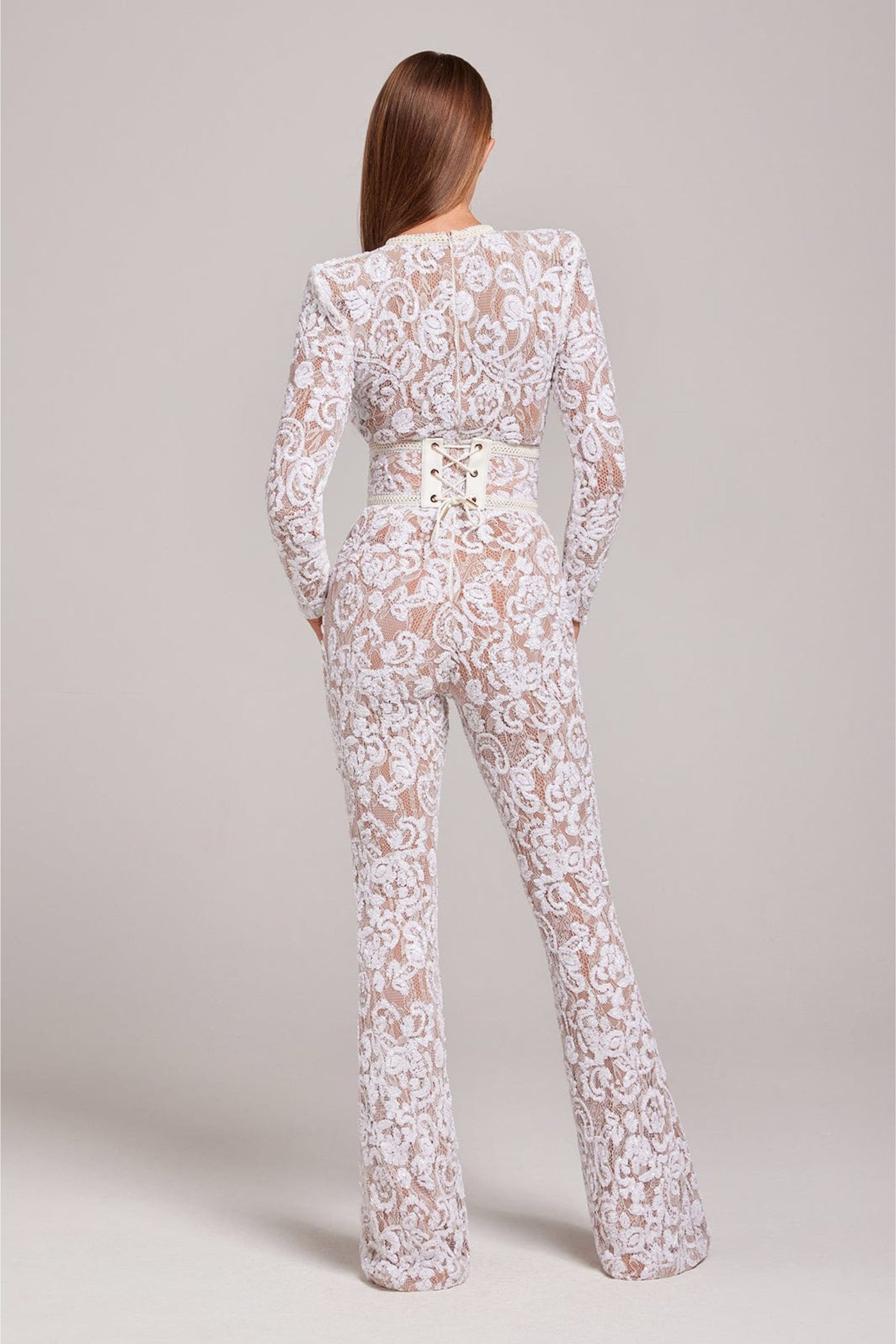 Damen-Jumpsuit mit tailliertem Schnitt und Spitzen-Details – weites Bein