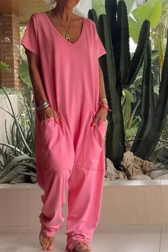 Amira | Damen V Ausschnitt Kurze Ärmel Jumpsuit in Rosa