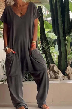 Amira | Damen V Ausschnitt Kurze Ärmel Jumpsuit in Grau