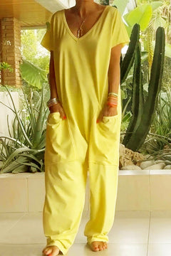 Amira | Damen V Ausschnitt Kurze Ärmel Jumpsuit in Gelb
