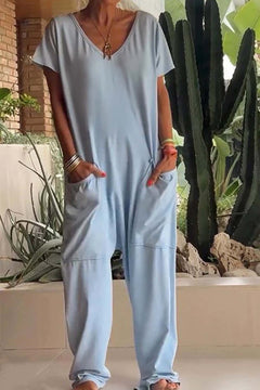 Amira | Damen V Ausschnitt Kurze Ärmel Jumpsuit in Blau