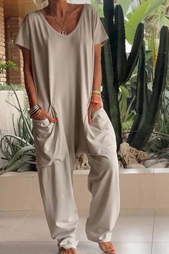 Amira | Damen V Ausschnitt Kurze Ärmel Jumpsuit in Beige
