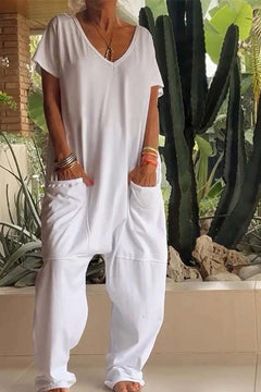 Amira | Damen V Ausschnitt Kurze Ärmel Jumpsuit in Weiß