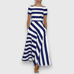 Ana | Damen Casual Kurzen Ärmeln Gestreiftes Maxikleid in Blau