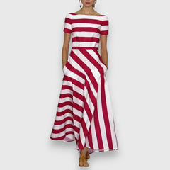 Ana | Damen Casual Kurzen Ärmeln Gestreiftes Maxikleid in Rot
