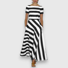 Ana | Damen Casual Kurzen Ärmeln Gestreiftes Maxikleid in Schwarz