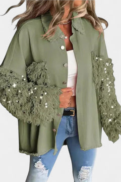 Angelika | Damen Oversized Pailletten Jeansjacke in Grün
