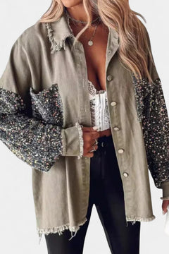 Angelika | Damen Oversized Pailletten Jeansjacke in Khaki
