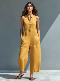 Anneliese | Damen Ärmelloser Jumpsuit mit Knopfverschluss in Gelb